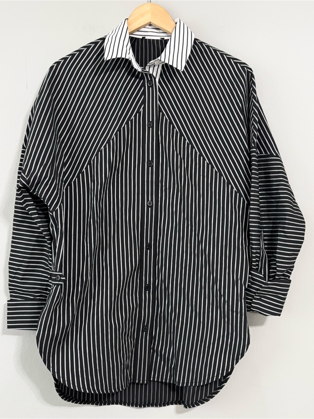 RUTI Black and White Striped Collared Button Up Oversized Blouse